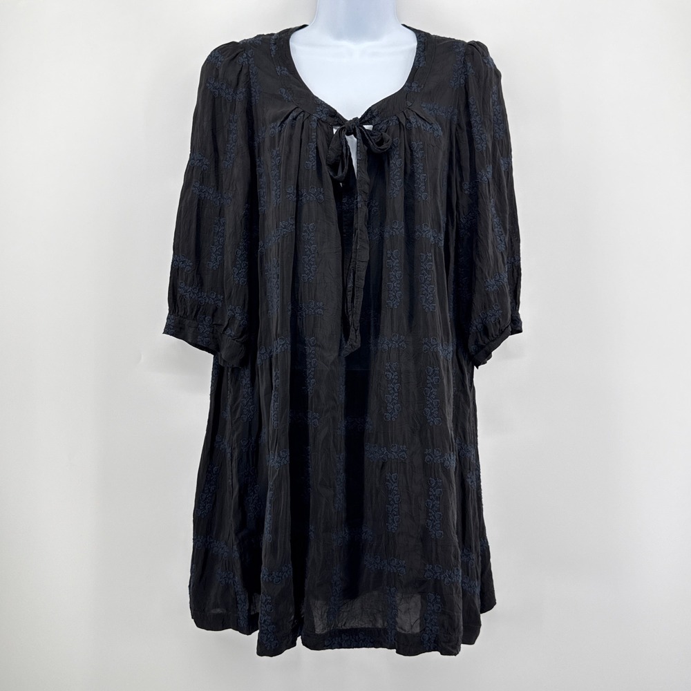 Johnny Was Black Embroidered Keyhole Tie Neck Tunic Dress Pockets Small S Rayon